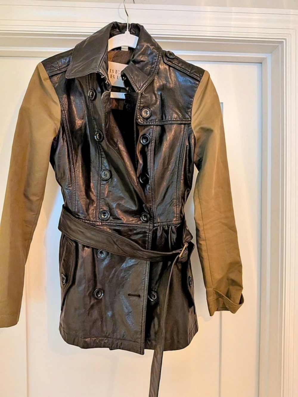 Burberry Brit Mixed Media Leather Sleeve Trench Coat Jacket Black & Brown